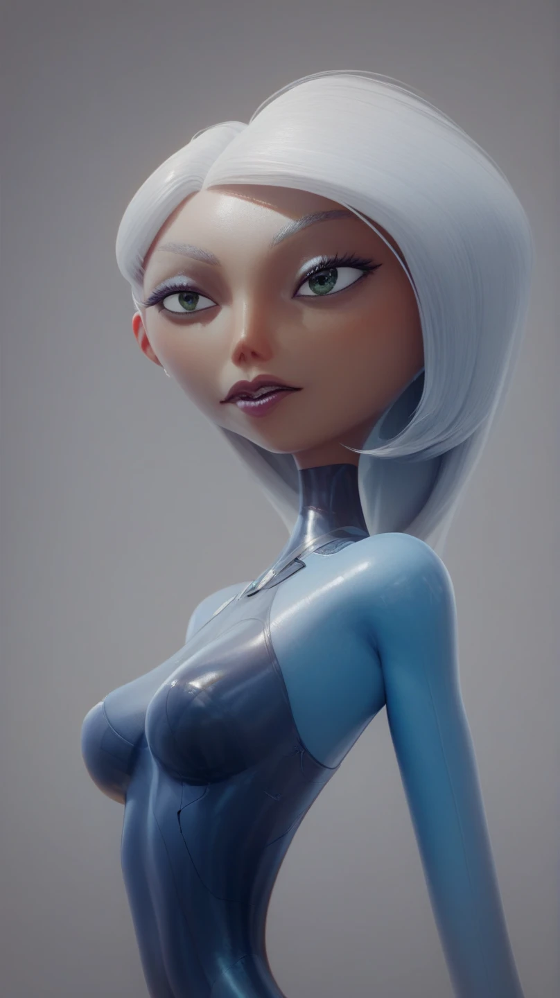 Tanned Woman with silver hair. She is wearing a skin-tight blue wetsuit. She is  floating upright in water encased inside a sci-fi stasis metal coffin.