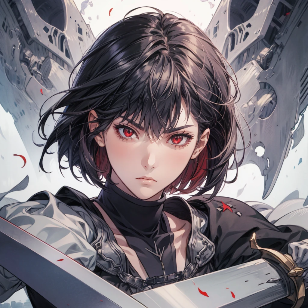    top quality,   Front View ,         looking at camera,       giant sword    ,        cold eyes,Solemn,(1 person),      Details,        Short bob from behind    , whole body, 1 girl in uniform,  black hair, red eyes