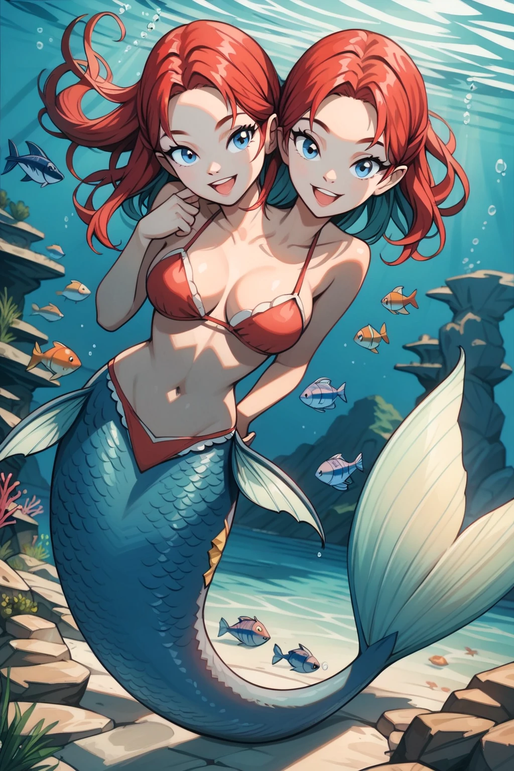 (masterpiece),(ultra-detailed), (high quality), (high resolution), best quality:1.5, UHD, 16K), best quality, masterpiece, ((2heads:1.5)), 1girl, (red hair), (tan skin), mouth open, mouth closed, smiling, blue eyes, fish tail, ((mermaid tail)), underwater, fish swimming around, blue green bikini, island, ((mermaid))