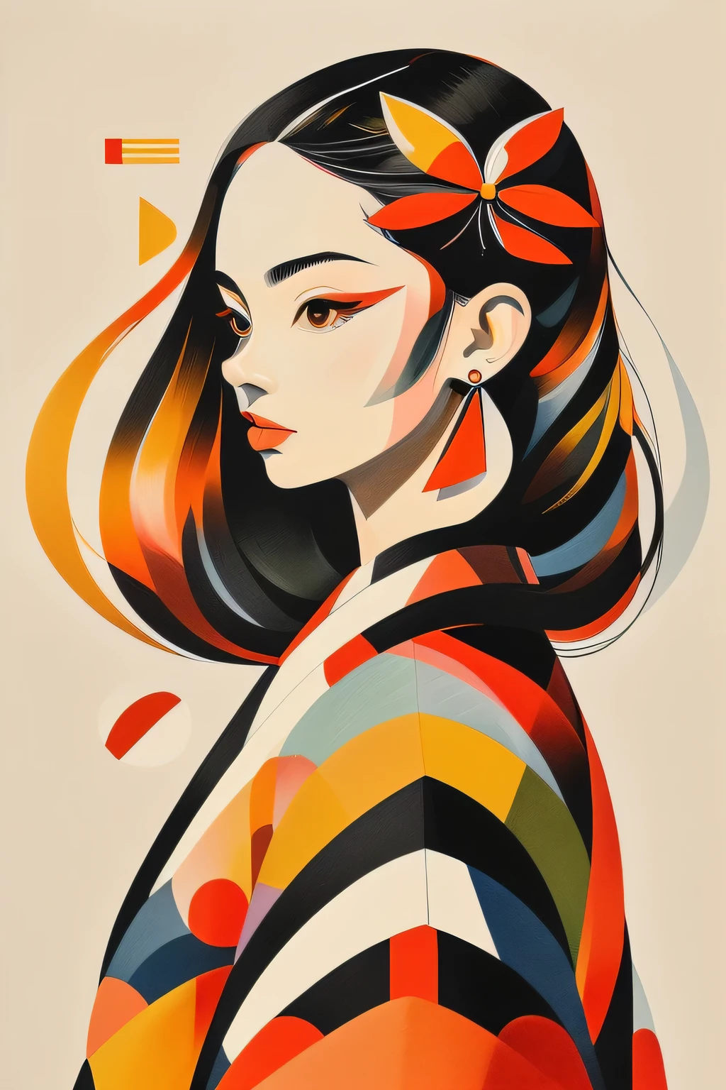  Breathtaking beauty,  masterpiece ,  top quality,  in the style of Thomas Abtz, pattern,  Cubist Masterpieces , Lithograph, Multifaceted, Illustration,  Portraits,  One Beautiful Japanese Woman,  long hair,  hair ornament, Japanese Kimono,  bright color, Japanese Colours , A complex background with mainly geometric shapes,  Perfect Composition , Proper placement, Golden Ratio,