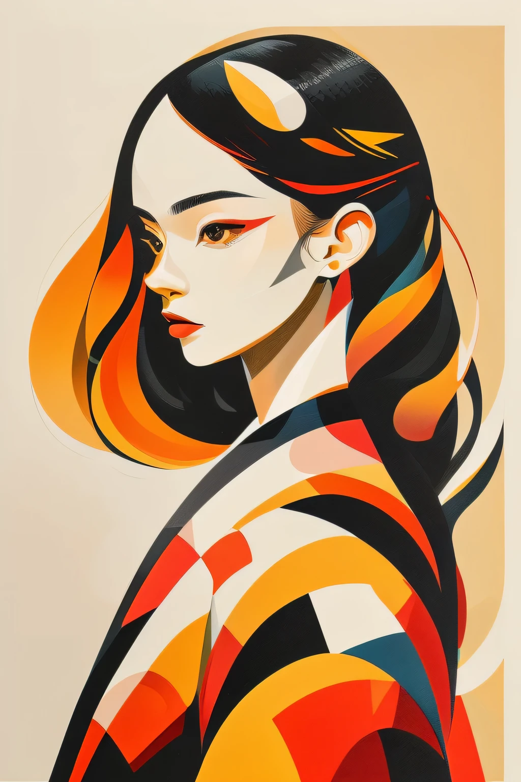  Breathtaking beauty,  masterpiece ,  top quality,  in the style of Thomas Abtz, pattern,  Cubist Masterpieces , Lithograph, Multifaceted, Illustration,  Portraits,  One Beautiful Japanese Woman,  long hair,  hair ornament, Japanese Kimono,  bright color, Japanese Colours , A complex background with mainly geometric shapes,  Perfect Composition , Proper placement, Golden Ratio,