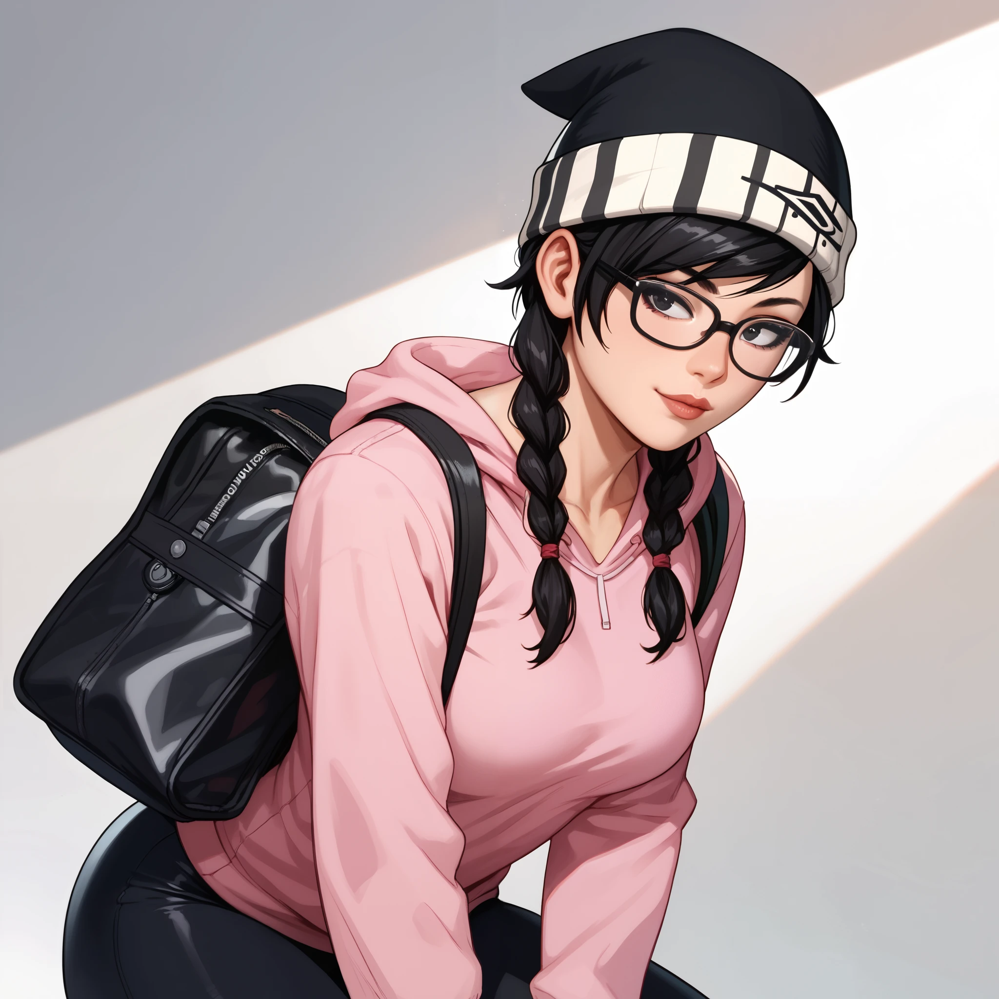 Dokkaebi, 1 woman, Asian, Alone, short hair, black hair, black eyes , glasses, twin braids, black hat, skin tight , glasses de armação Black, bag, glasses redondos, hat, coldre, legging, Black, pink sweatshirt, loose sweatshirt, academia, sexy,