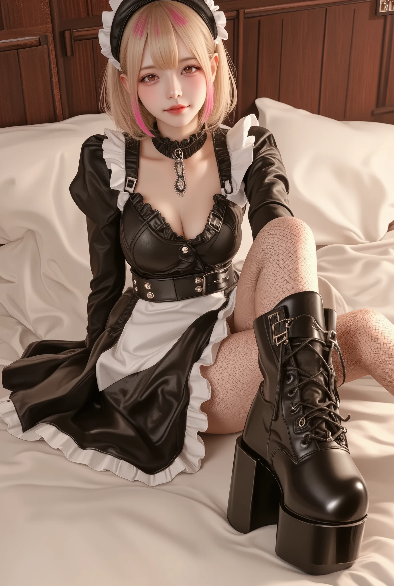 masterpiece, best quality, ultra-detailed illustration of a young girl sitting casually on a soft white bed, Jiraikei_Fashion_Flux,her short blonde hair with pink streaks gently framing her face as she smirks with a playful, mocking expression, her red eyes, mesugaki,she is dressed in a detailed gothic maid outfit, her black dress adorned with white frills and secured with silver buckles, her legs are elegantly crossed with her right leg positioned forward, drawing attention to her black platform shoe, the smooth leather of her shoe and the shiny buckles are intricately detailed, the focus on her right foot creates a dynamic sense of depth, her fishnet stockings complement the edgy design of her outfit, the bed beneath her is softly rumpled, adding a sense of realism and comfort to the scene, the lighting is soft and warm, casting gentle shadows that bring out the textures of her clothing and the details of her shoe, her mocking smile and confident pose exude a sense of playful defiance, blending elegance with a rebellious edge in a richly detailed illustration.shoes close up