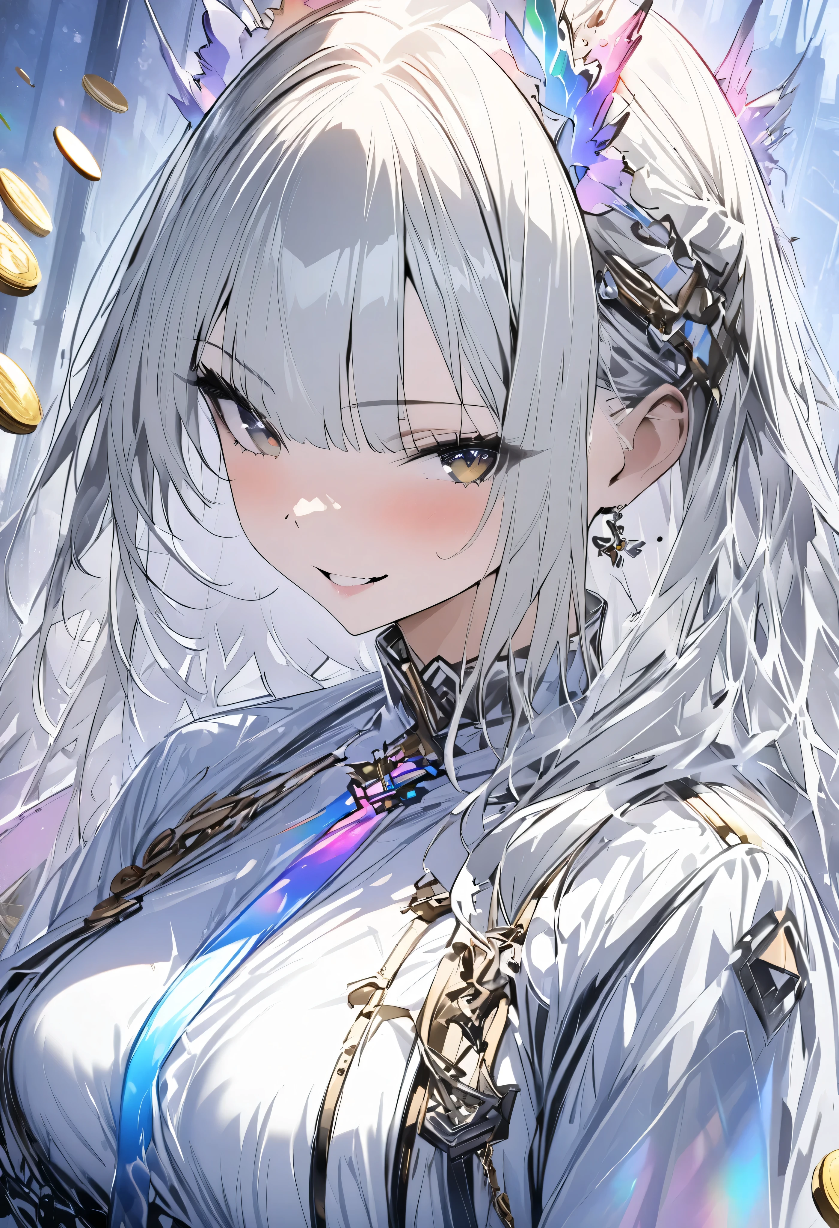 solo, female, sfw, medium shot, summer, silver hair, long hair, straight bangs, blue eyes, western architecture, church, fox tail, single tail, silver fox ears, silver tail, huge breasts, priestess, bangs over one eye, gentle smile, day