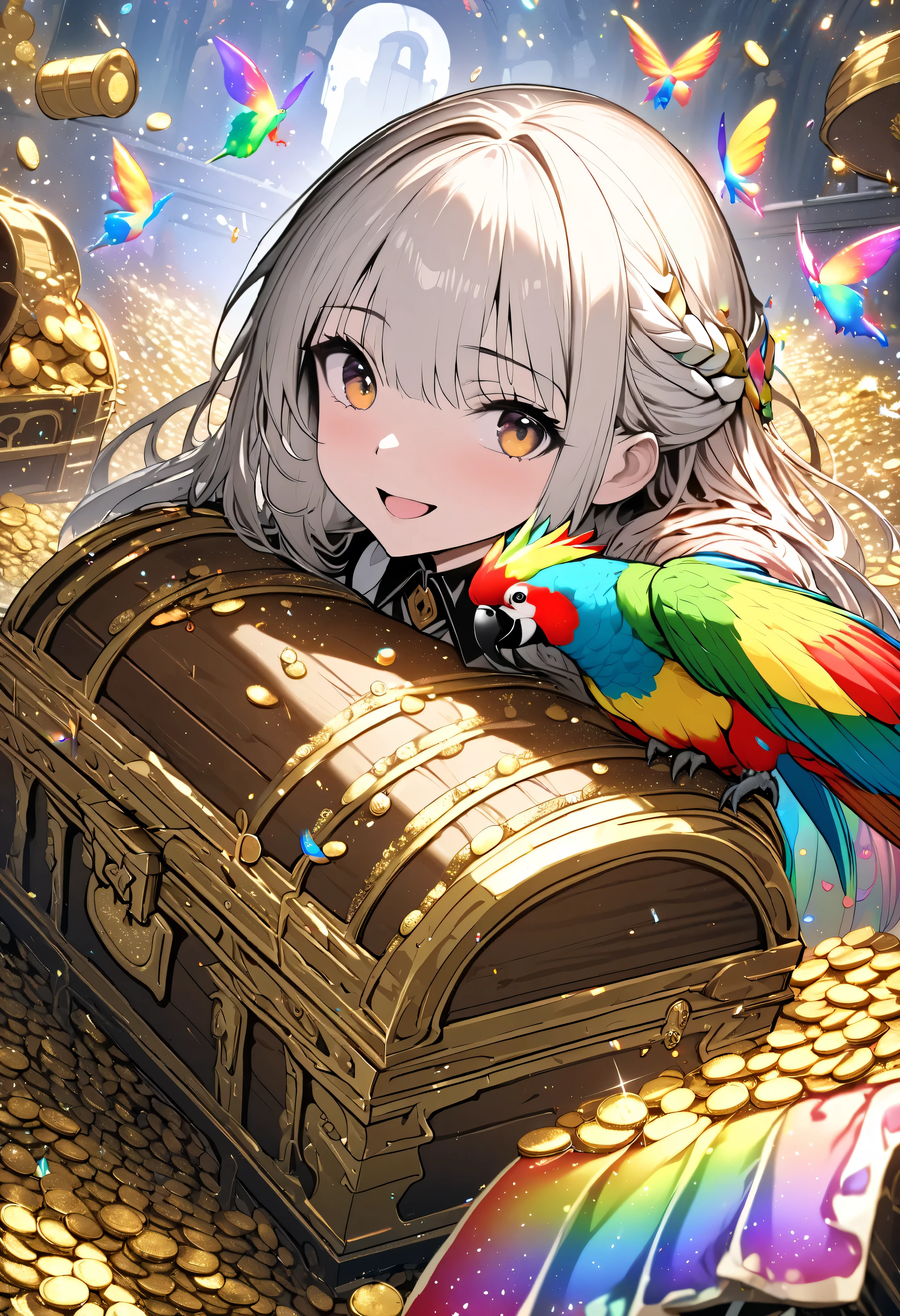 (masterpiece, best quality :1.2,UHD,High Resolution、 anatomically correct), 1 girl in uniform, Alone,(((Treasure Chest, Tons of coins 、Golden Land))), ( glitter :1.3),(((Lots of rainbow butterflies )))、(((A rainbow-colored parrot perches on my shoulder)))、((( rainbow-colored light from heaven )))