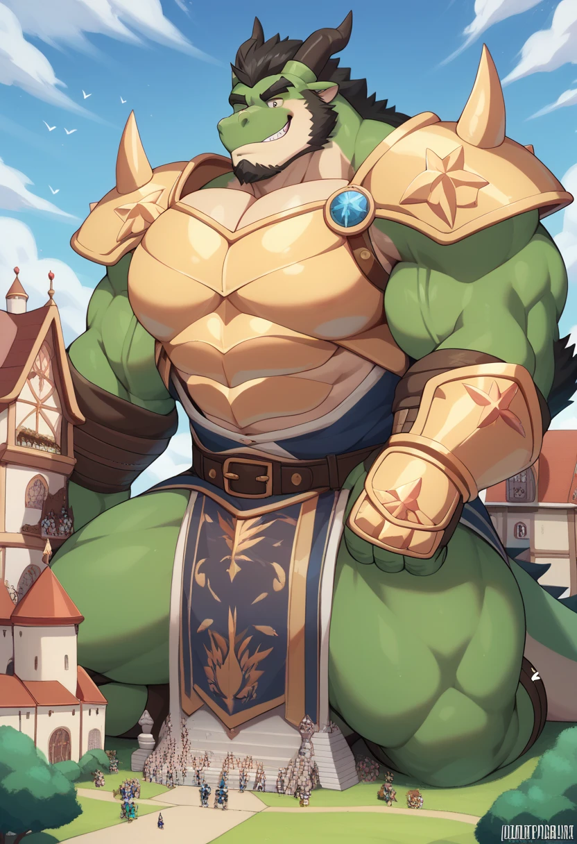 Scribble dragon face,Fuzzy(dragon),Chuppy,  muscular large strong muscle ,(  black eyebrows :1.1),(perfect eyes), green fur，Trägt eine  royal clothing / armor  ,（artist:takemoto arashi)，paw，（  Black beard  :1.3），（ royal clothing / armor  :1.4) (trägt knight  armor ), ,(Massiv:8.0, (  heavyweight ,stark,Macro,  accentuate the huge size , Larger than the country )),  background  ((  medieval building  ,  tiny medieval castle)), massive gigantic macro large hyper size Giant dragon