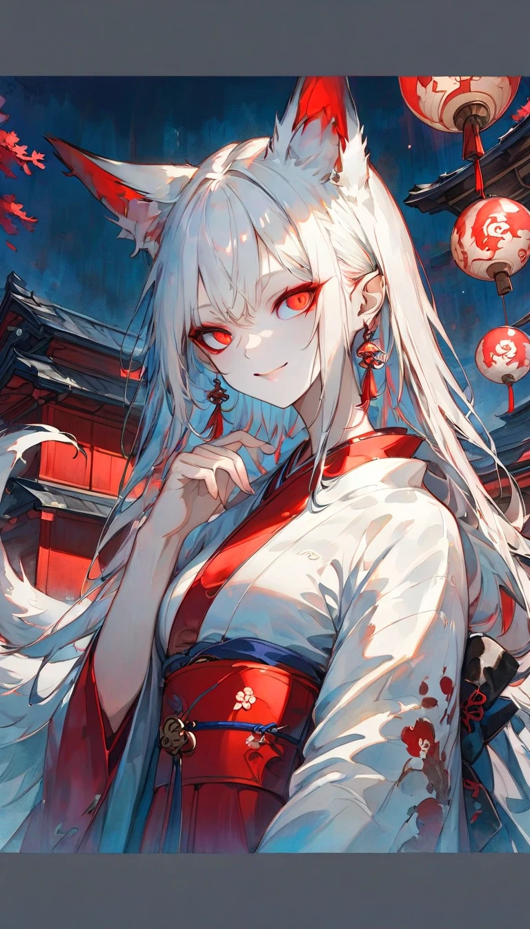 Masterpiece, highest resolution, highest quality, detailed depiction, beautiful, art, watercolor style, ((full body shot)),Japanese yokai, ((nine-tailed fox)), anthropomorphized fox, fair skin, slender eyes with distinct red eyeliner, silver hair, long hair, fox ears emerging from the head, beautiful white and red kimono, cool beauty, midnight,  place a paper balloon in the palm of your hand、Stare at a paper balloon 、smile、 full body shot,traditional Japanese house in the background, 4K graphics.