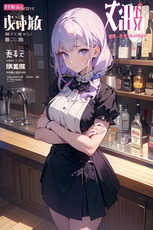 (from above:1.0,Best Quality),a girl , platinum color hair、bartender uniform,Purplish blue eyes that dreamers desire, small stature, medium , Lori face, (masutepiece:1.2, Best Quality), (finely detailed beautiful eye: 1.2), (beautifull detailed face), (perky chest:1.2), (pointed chest:1.1), (bratender magazine cover:1.5)，(Best Illumination, extremely delicate and beautiful), sexy pose,make a coffee , in a bar counter, morning light, Short bob hair（1:3）,Ultra Contrast、Braid a little around the ears, black bartender uniform dress、Sexy and qute pants、You can't see inside your underwear,mocking look、nffsw,Arms crossed、grab the arm、Shoot 、breastuscular pussy、little Pubic hair,high-level image quality、hightquality、8K,perfect hand、5 fingers、finger pin、Perfect Finger,noise cut、Her hair color should have been a brighter blue,(The bartendre skirt dress part is also carefully expressed:1.4)、the skirt is floating in the wind:1.2、Dark purple panties,(with sparkling eyes and a contagious smile),open mouth, highest quality, high resolution,Real World, Natural light,perfect Natural light, Looking at Viewer,
