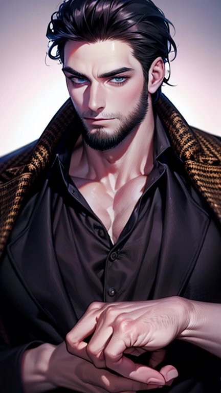 Um homem gostoso com grande peitoral, hiperrealista, vanelos curto pretos e barba. Sem camisa, sorrindo . Bracos massivos,   ???? with doughnut rings on the Cueca verde. Olhos pretos. Hyper-detailed detailed eyes and flawless face of crude appearance. Em sua mao uma curta adaga cujo cabo esta incrustado de esmeraldas, fundo  verde, moreno e sensual pele,