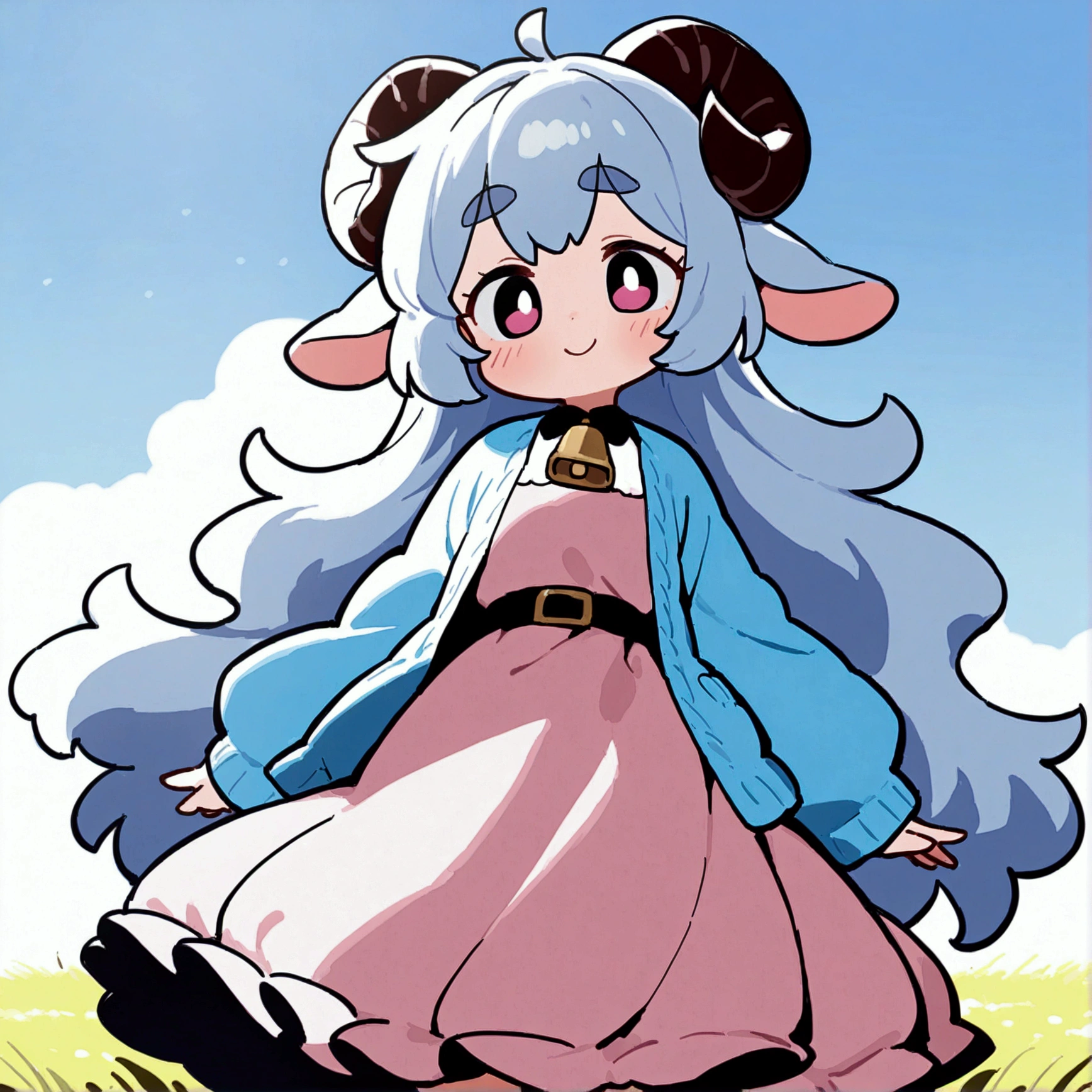 score_9, score_8_up, score_7_up, (masterpiece:1.3, best quality:1.3, 8k,  highres icon:1.3, good anatomy), 1girl, girl & sheep on the balance:1.5,  pink fluffy long hair holding a water jug\ Fluffy Long Hair, Sheep&#39;s round horns, Thick eyebrows, smile,  Pink Dress ,  sky blue cardigan 