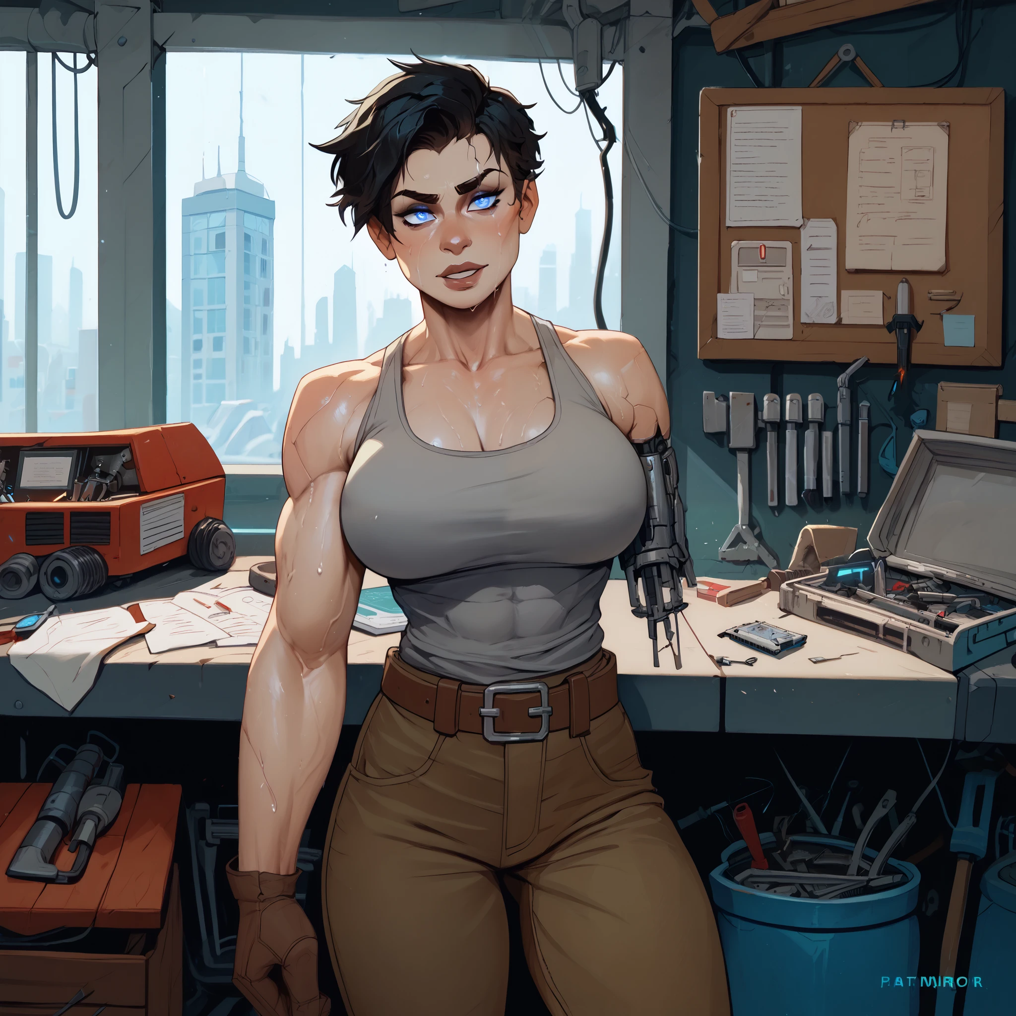 Young woman, short hair, black hair, tomboy, athletic, buff, big arms, chunky, glowing blue eyes, pale skin, large breasts, wide hips, muscular, gray tank top, sweaty, baggy cargo trousers, tool belt, brown leather gloves, workshop, mechanic, robot workshop, (incase:0.35), cracked arm, damaged neck, cyborg, one severed arm, 