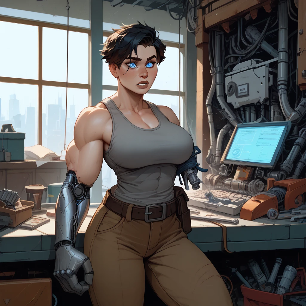 Young woman, short hair, black hair, tomboy, athletic, buff, big arms, chunky, glowing blue eyes, pale skin, large breasts, wide hips, muscular, gray tank top, worried, baggy cargo trousers, tool belt, brown leather gloves, workshop, mechanic, robot workshop, (incase:0.35), cracked arm, damaged neck, cyborg, one severed arm, 