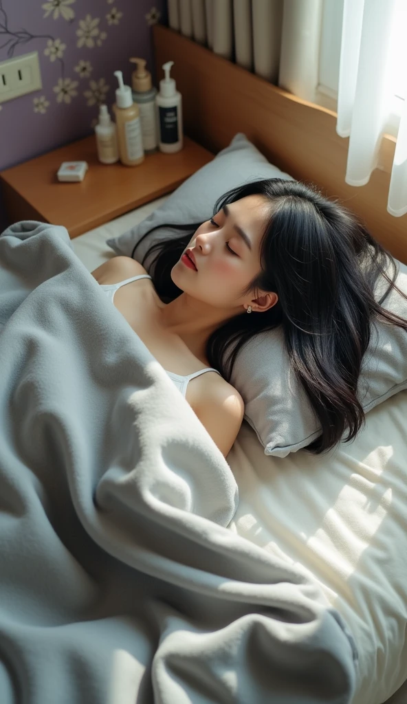 a girl, long black hair, sleeping in the bed