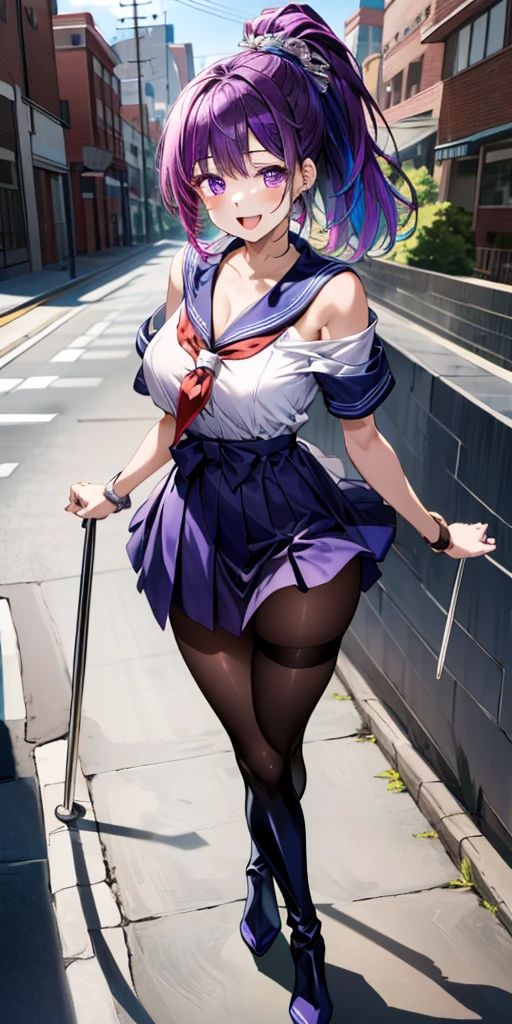 One lady,12year old,(() ,(((blushed face))), (()), (())((I'm opening my mouth)),((micro skirt, bodysuit and short cloak))(A smile),Wet with sweat,(A dark-haired,),((Street,natta))((Clothes are torn))