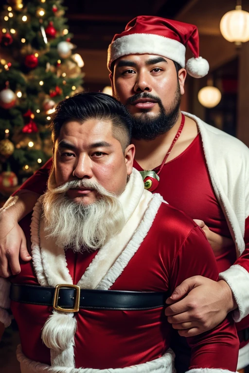 2 vietnamese grandfathers with gray hair, mature face, a thick mustache, a short chin beard, bear body, wearing a massive bulging gray jockstraps standing at the president room, have belly, big muscular chest, a sexy pose.
