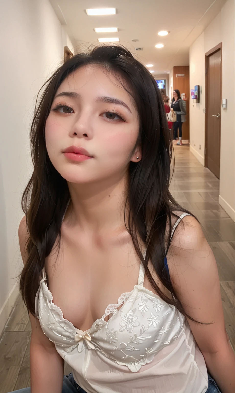 1girl, japan girl,sitting in hallway,looking up at camera,curvy figure,medium bust size,detailed facial features,beautiful eyes,full lips,long eyelashes,detailed hair,natural lighting,warm color tones,high quality,8k,detailed painting,photorealistic,cinematic, wearing sexy bra