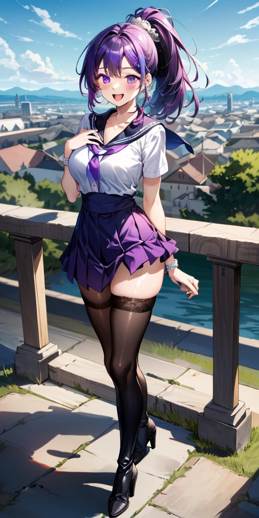 Hugob, nffsw, Purple hair, Long hair, Bangs, (Purple eyes:1.1), (medium breasts:1.2),Blake Black Jacket, (black thighhighs:1.3),Black skirt, Collared shirt, Hair Ribbon, high waist skirt, Jacket, Long sleeves, Neck ribbon, Open your clothes, Open jacket, Pleated skirt, Red Ribbon, bow ribbon, Shirt, Skirt, sleeves past wrists, White shirt, Wide sleeves,BREAK looking at viewer,BREAK outdoors, BREAK (masutepiece:1.2), Best Quality, High resolution, Unity 8k壁纸, (Illustration:0.8), (Beautiful detailed eyes:1.6), extra detailed face, Perfect Lighting, extremely details CG, (Perfect hands, Perfect Anatomy),evil smile、,Smile with open mouth,(white panties:1.3)、(Fully exposed panties:1.5)、Sit with your knees bent、Eight-headed body、beauty legs 、As if looking up from below、(knees to chest),、plein air、outside of house、