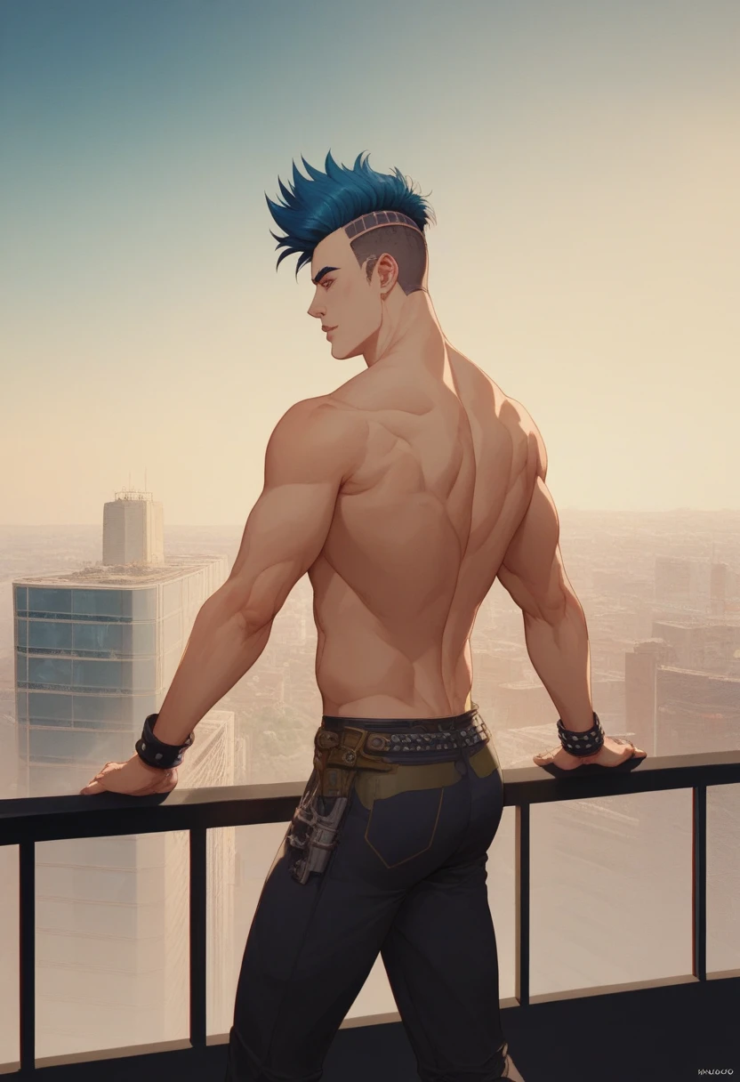 From behind we see a -yeld boLong blue hair from splendid to the camera standing Shirtless 15-year-o books a city fence from the top of the school roof Sadly pensive, su cabello es de color azul, lo vemos desde la espalda