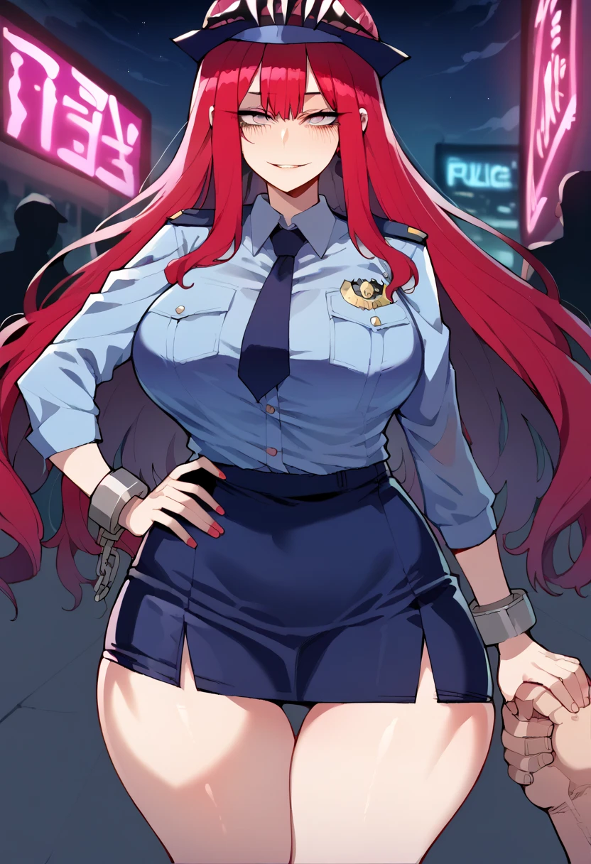 Masterpiece,2D,sharp focus,source_anime, 1girl, anatomically correct, beautiful woman, top quality, ultra definition, unreal anime girl, ratatatat47 artstyle, baobhan sith(fate grand order), bright skin, pink hair, red hair, long hair, silver eyes, female police uniform, blue shirt, police hat, dark blue skirt, wide collar, short skirt, curvy body, bimbo body, very big breasts, huge breasts, large breasts, huge breasts:2.7, gigantic breasts, thick breasts, thick hips, thick thighs, front view, nighttime, night atmosphere, dark atmosphere, neon light, looking at viewer, seductive smile, seductive eyes,left hand holding a shackle, right hand on hips, 