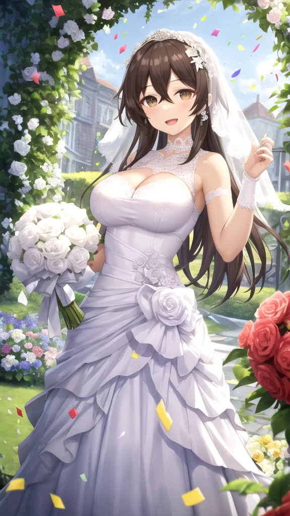 masterpiece, best quality, high quality, girl, solo, looking at viewer, mizuto_irido, brown eyes, brown hair, hair between eyes, large breasts, wedding Dress, standing, garden, confetti, holding bouquet, smile, open mouth,