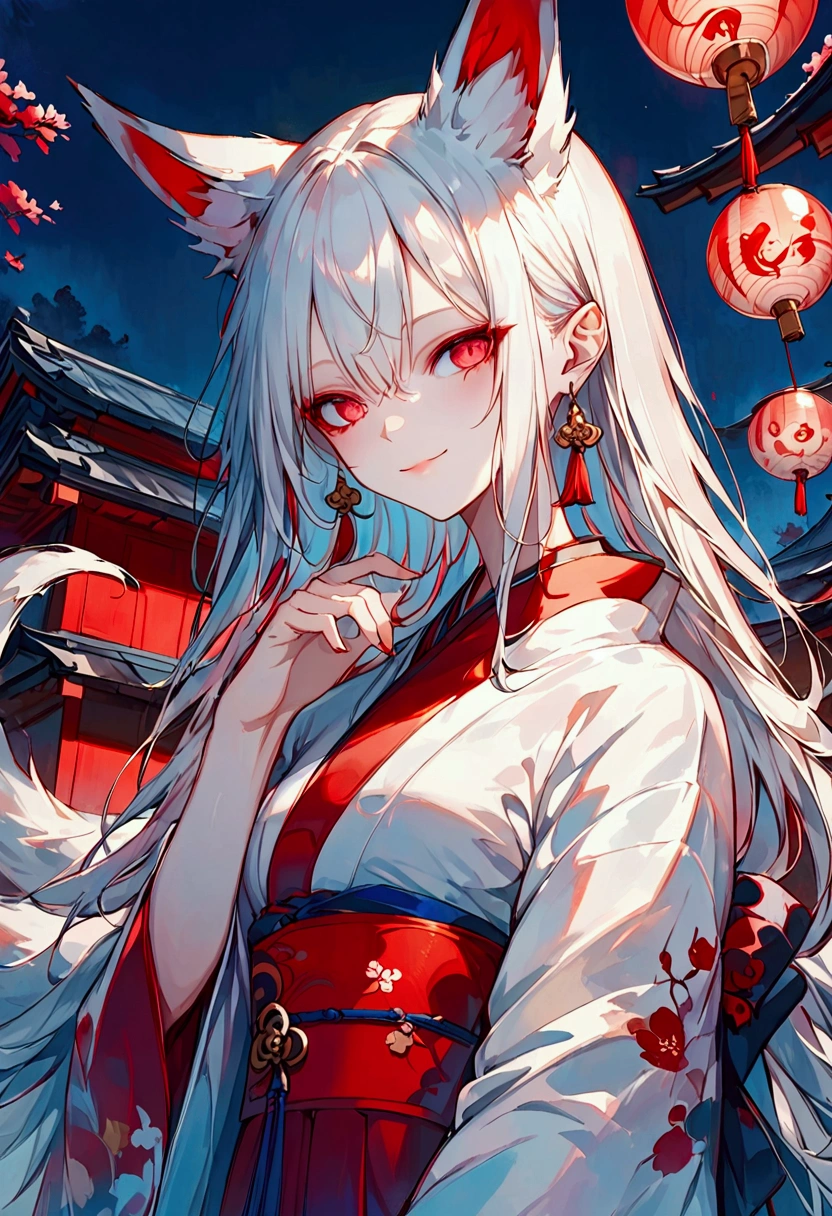 Masterpiece, highest resolution, highest quality, detailed depiction, beautiful, art, watercolor style, full body shot, shot from the ground、Shoot so that your whole body is visible、Long shot、Japanese yokai, ((nine-tailed fox)), anthropomorphized fox, fair skin, slender eyes with distinct red eyeliner, silver hair, long hair, fox ears emerging from the head, beautiful white and red kimono, cool beauty, midnight,  place a paper balloon in the palm of your hand、Stare at a paper balloon 、smile、 full body shot,traditional Japanese house in the background, 4K graphics.