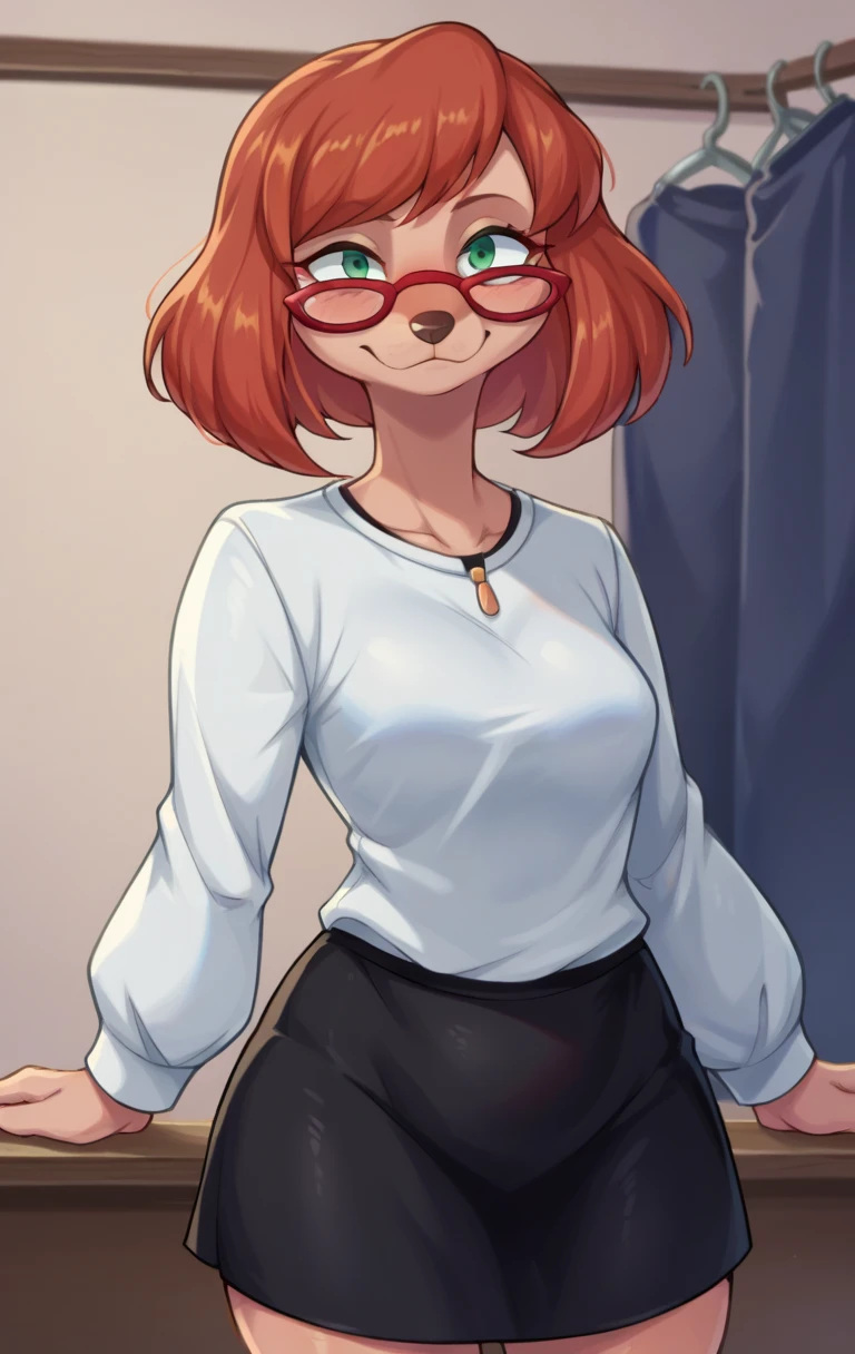 score_9,score_8_up,score_7_up,source_cartoon BREAK SylviaMarpoleSDXL,1girl,short hair,shirt,long sleeves,animal ears,jewelry,green eyes,white shirt,red hair,glasses,black skirt,furry,red-framed eyewear,furry female,black skirt,animal nose,snout,,room,room background,cowboy shot,