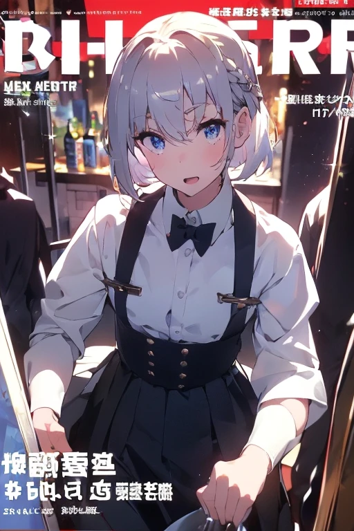 (from above:1.0,Best Quality),a girl , platinum color hair、bartender uniform,Purplish blue eyes that dreamers desire, small stature, medium , Lori face, (masutepiece:1.2, Best Quality), (finely detailed beautiful eye: 1.2), (beautifull detailed face), (perky chest:1.2), (pointed chest:1.1), (bratender magazine cover:1.5)，(Best Illumination, extremely delicate and beautiful), sexy pose,make a coffee , in a bar counter, morning light, Short bob hair（1:3）,Ultra Contrast、Braid a little around the ears, black bartender uniform dress、Sexy and qute pants、You can't see inside your underwear,mocking look、nffsw,Arms crossed、grab the arm、Shoot 、breastuscular pussy、little Pubic hair,high-level image quality、hightquality、8K,perfect hand、5 fingers、finger pin、Perfect Finger,noise cut、Her hair color should have been a brighter blue,(The bartendre skirt dress part is also carefully expressed:1.4)、the skirt is floating in the wind:1.2、Dark purple panties,(with sparkling eyes and a contagious smile),open mouth, highest quality, high resolution,Real World, Natural light,perfect Natural light, Looking at Viewer,
