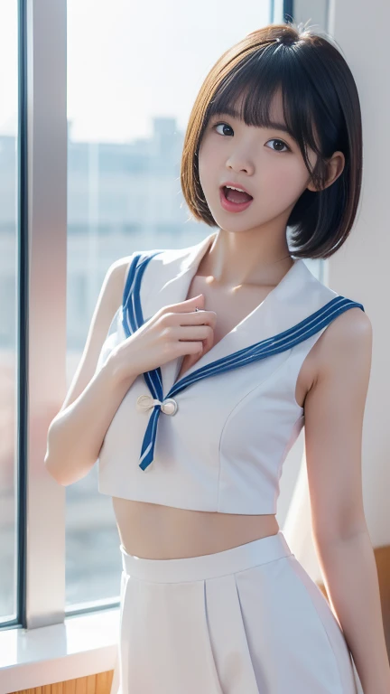 (masterpiece, 高いest quality:1.2), 8k, Official Art, RAW Photos, Unbelievably absurd, (Sleeveless sailor suit、Pleated skirt:1.4), A stunningly beautiful 16-year-old girl,((Put your hands on your head、Armpits are visible))、驚くほどかわいいsmile,(((The front of the shirt is open、Beautiful breasts are visible)))、smile、 (Pleated skirt:1.1), close, , Short sleeve, smileで聴衆を見てください, No makeup, Film Grain, chromatic aberration, Sharp focus, Face Light, Dynamic Lighting, Cinema Lighting, Detailed eyes and face,short hair、(((White skin)))、Bright bedroom、super slim t高いs、((Her cute light blue panties are visible through、Beautiful crotch))、((((both hands)))),((((Very young looking girl:1.3))))、(Very young and busty:1.2)