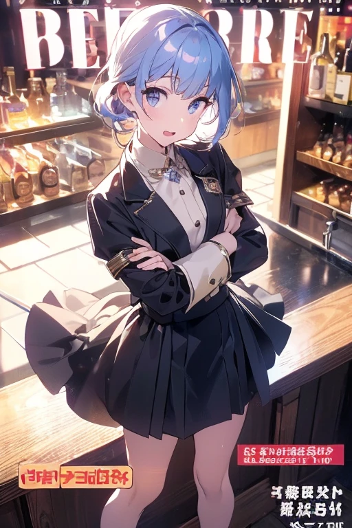 (from above:1.0,Best Quality),a girl , platinum color hair、bartender uniform,Purplish blue eyes that dreamers desire, small stature, medium , Lori face, (masutepiece:1.2, Best Quality), (finely detailed beautiful eye: 1.2), (beautifull detailed face), (perky chest:1.2), (pointed chest:1.1), (bratender magazine cover:1.5)，(Best Illumination, extremely delicate and beautiful), sexy pose,make a coffee , in a bar counter, morning light, Short bob hair（1:3）,Ultra Contrast、Braid a little around the ears, black bartender uniform dress、Sexy and qute pants、You can't see inside your underwear,mocking look、nffsw,Arms crossed、grab the arm、Shoot 、breastuscular pussy、little Pubic hair,high-level image quality、hightquality、8K,perfect hand、5 fingers、finger pin、Perfect Finger,noise cut、Her hair color should have been a brighter blue,(The bartendre skirt dress part is also carefully expressed:1.4)、the skirt is floating in the wind:1.2、Dark purple panties,(with sparkling eyes and a contagious smile),open mouth, highest quality, high resolution,Real World, Natural light,perfect Natural light, Looking at Viewer,
