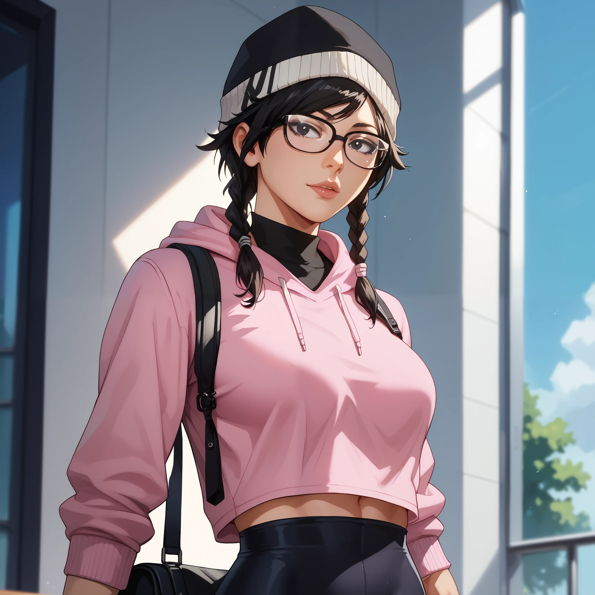 Dokkaebi, 1 woman, Asian, Alone,  short hair,  black hair,  black eyes , glasses, twin braids, black hat, skin tight , glasses de armação Black, bag, glasses redondos, hat, coldre, legging, Black, pink sweatshirt, loose sweatshirt, academia, sexy,