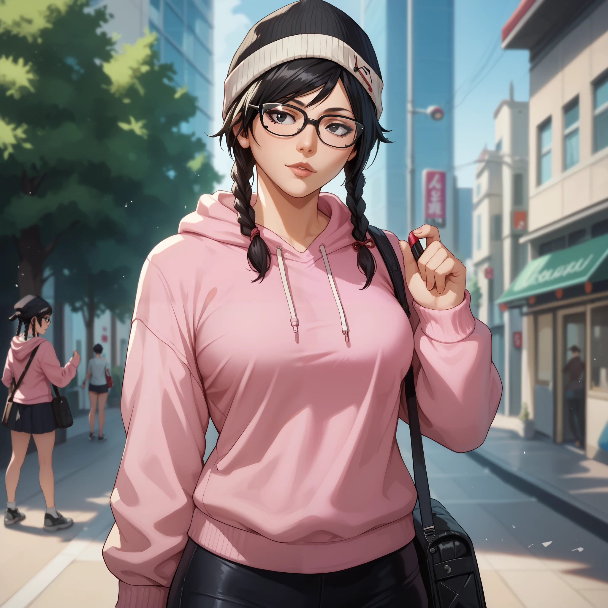 Dokkaebi, 1 woman, Asian, Alone,  short hair,  black hair,  black eyes , glasses, twin braids, black hat, skin tight , glasses de armação Black, bag, glasses redondos, hat, coldre, legging, Black, pink sweatshirt, loose sweatshirt, academia, sexy,