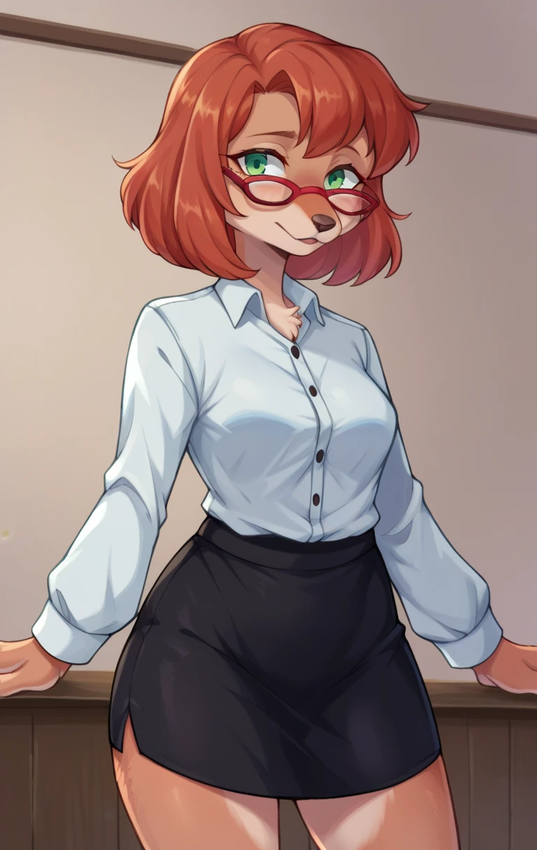 score_9,score_8_up,score_7_up,source_cartoon BREAK SylviaMarpoleSDXL,1girl,short hair,collared buttoned shirt,long sleeves,animal ears,jewelry,green eyes,white shirt,red hair,glasses,black skirt,furry,red-framed eyewear,furry female,black skirt,animal nose,snout,,room,room background,cowboy shot,