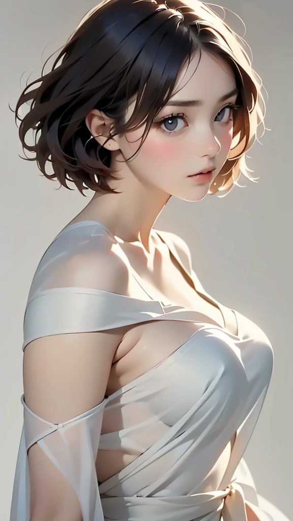 (Image from chest up:1.4)((masterpiece:1.5,Highest quality,Beautiful images、2.5D、Abstract、Artistic、Portraiture))(One girl, solo)(Cute Girls、large breasts, Gray Hair、short hair、Beautiful breasts、Off-the-shoulder outfit)(profile、Look at an angle、shake your head、Sad look, Floating Hair、Backlight)(Plain background:1.5)((Dynamic Angle:1.5)),See-through gown, ((Extremely precise and accurate anatomy:1.0)),Kind eyes,Graceful pose,(Beauty of form:1.4) Golden ratio, big eye,(nature's providence:1.4),