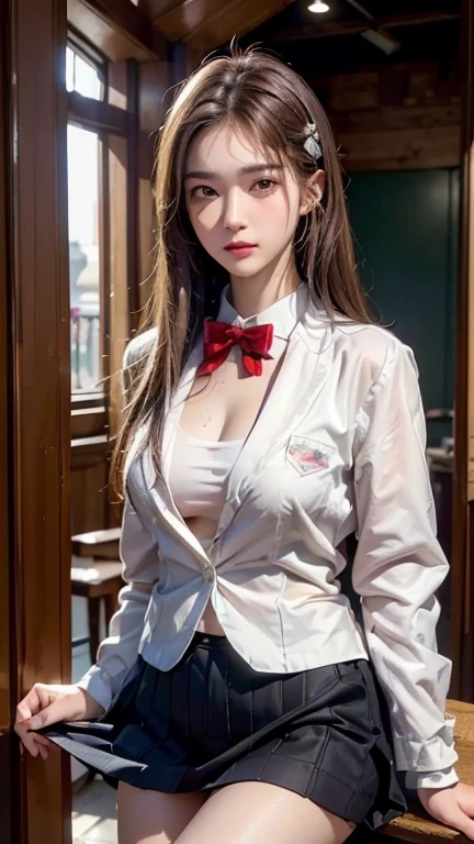 ((masutepiece:1.4), (of the highest quality:1.4), (Realistic:1.7), By Luis Royo, Beautiful Girl, Super beautiful girl, ((1girl in:1. 4), Shiny natural skin texture, Authors: By Luis Royo, 19 years old, (Cute tattoos:1. 4), (Two arms: 1.4, Two legs: 1.4), (Perfect female body: 1.4), (Perfect female body: 1.) 4), Portrait photo of a girl, Close-up photos, Upper body photo, Fantasy Art, Soft front light, Beautiful expression, Kawaii face, Beautiful breasts, Large Full Breasted: 1. 2, Beautiful buttocks, Fine eyes, Clear and eye-catching, beautiful and alluring, Beautiful eyes, thin waist, Raw photo, Red lips, Long hair (High school girl in uniform), (white suit jacket), (Translucent shirt), (Red bow tie) (checked skirt) 1 Screen View, (Woman standing in front of train door), (sexyposture), (the milky way in the sky), (No bra), ((White lace panties visible)),, (Skirt soars in the wind)),((up skirt)）、((posterior view)),((Looks Back))