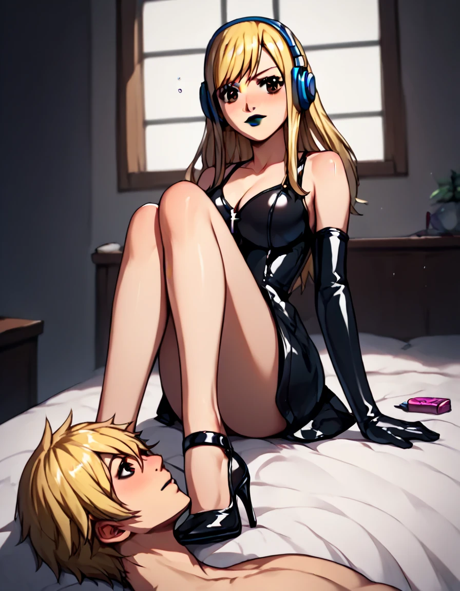 score_9, score_8_up, score_7_up, source_anime,
lucyheartfilia, lucy heartphilia,  Blonde hair,  brown eye ,  long hair,  double tails ,  latex short black dress, bare legs, shoes heels, latex long gloves , black lipstick, cosmetics,
 in the room ,  bed, on the side, blush, drunk,
 blue headphones looking at the viewer,  cowboy shot, One,  Dutch corner,  sexy sitting position , cross legs ,