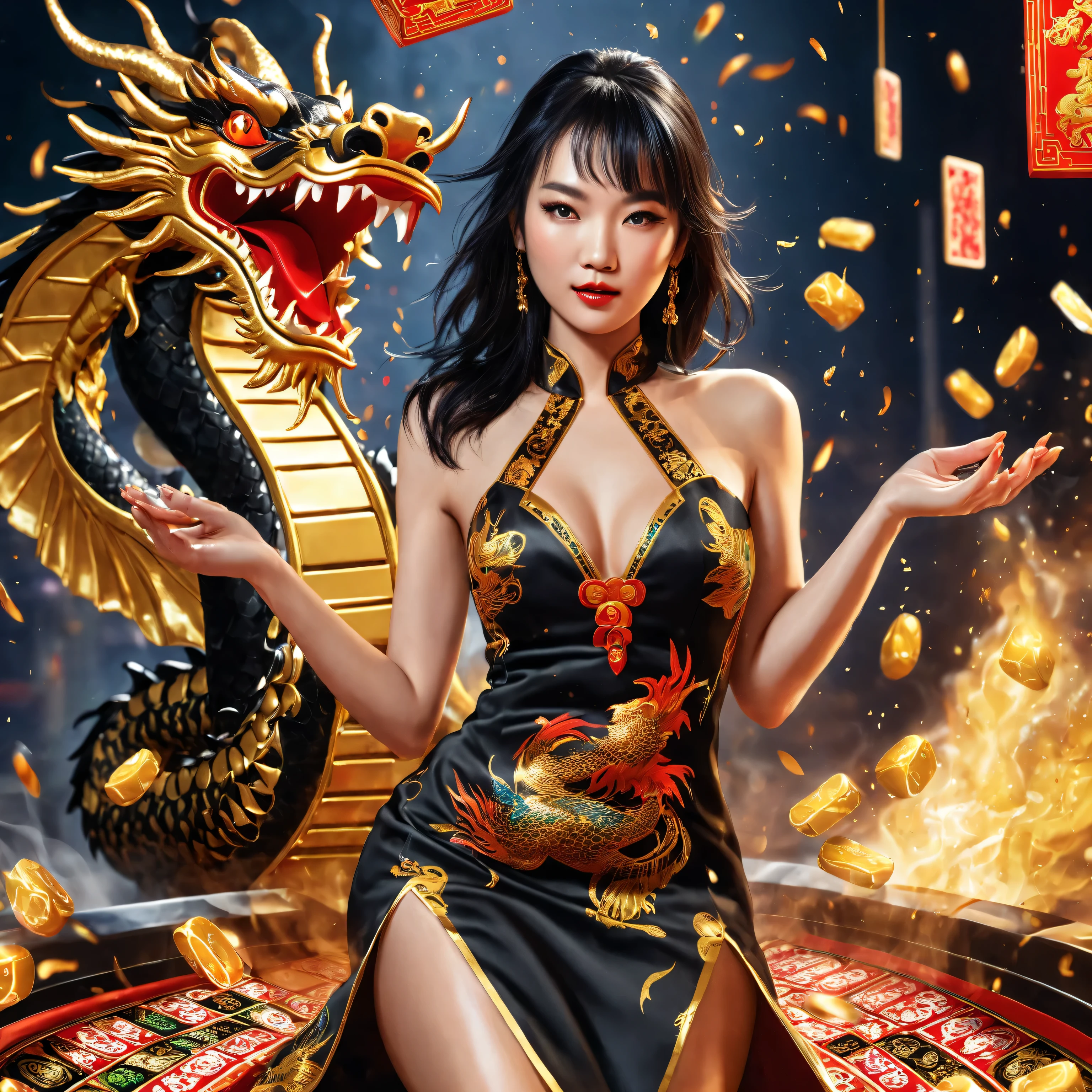 sexy dress girl with mahjong slot on fire and scatter raining, black dragon, gold dragon, slot game