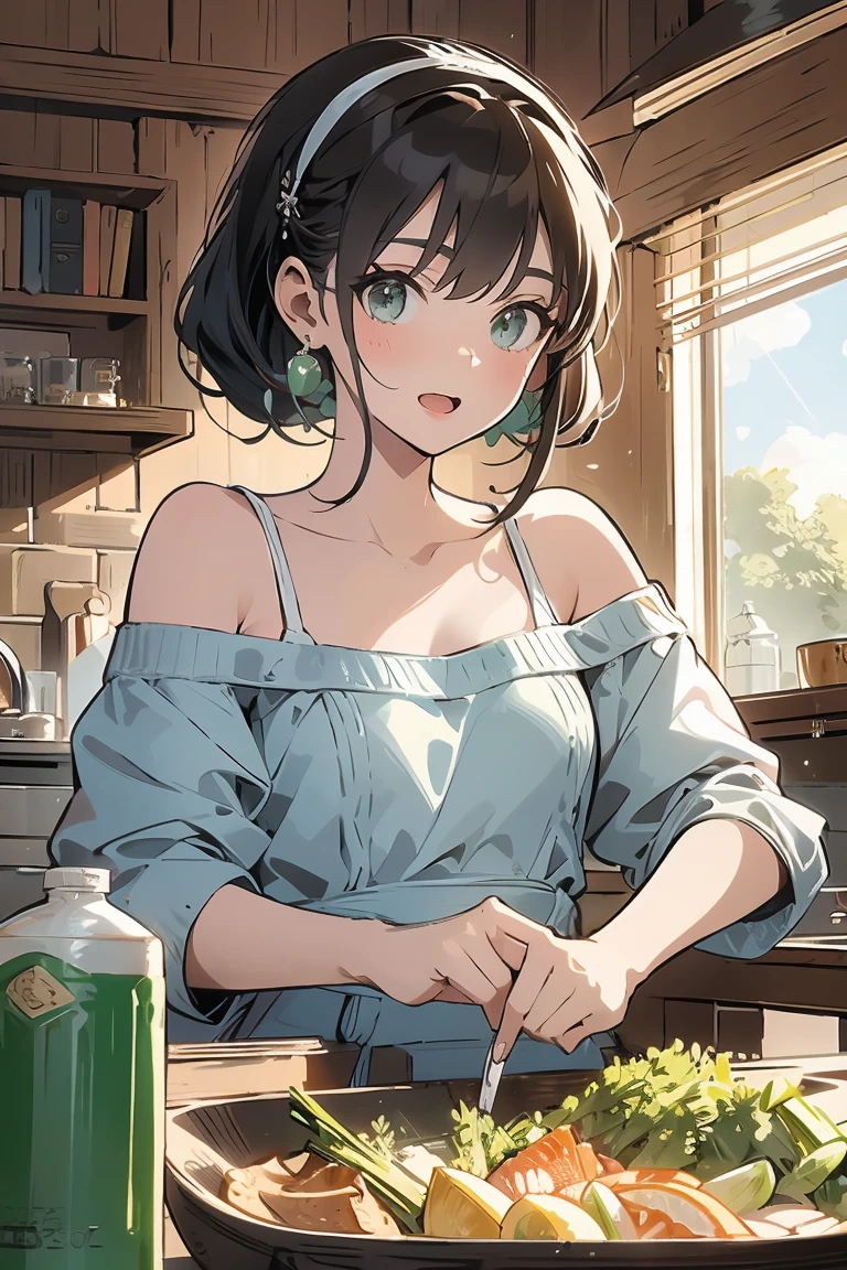 (from above:1.0),(from side:0.9),masterpiece, 1girl, Amazing Cleavage:1.1, thin waist, big ass, Raised sexy, small breast: 1.3, posed cleavage:1.2、solo, looking at viewer, open mouth, have a cute grass of cute beergrass,black hair, dark green eyes, dress, bare shoulders, jewelry, collarbone, sidelocks, hairband, earrings, indoors, off shoulder, :o, sweater, arms behind back, plant, short hair with long locks, gild hairband, off-shoulder dress, sweater dress, off-shoulder sweater, red sweater, dark gord hair, big side hair, very long side hair,is rendered in (masterpiece: 1.2, best quality), with (ultra high resolution) and an exquisite (depth of field). This masterpiece is not only visually stunning but also tells,A scene of cooking in the kitchen by classroom