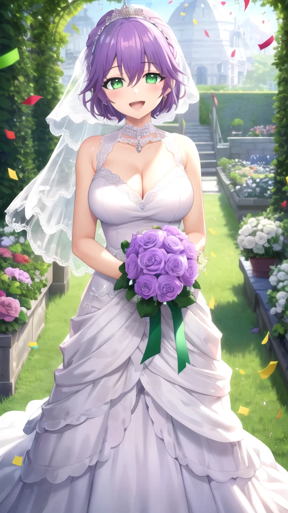 masterpiece, best quality, high quality, girl, solo, looking at viewer, hiro_segawa, purple hair, green eyes, hair between eyes, large breasts, wedding Dress, standing, garden, confetti, holding bouquet, smile, open mouth,