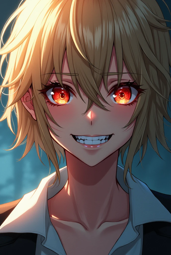 Anime illustration, cool beauty, blonde messy short hair, yandere, evil smile, grin, lewd smile, huge mouth, ultra detailed, absolutely resolution, masterpiece