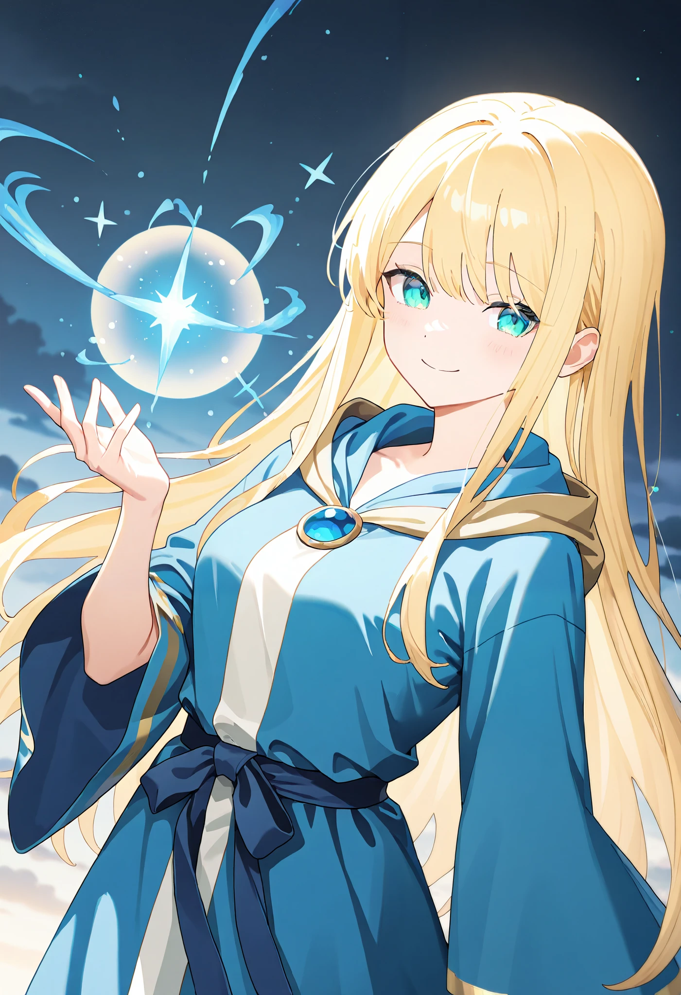 1girl, wizard. An illustration of a girl with long blonde hair and aqua eyes. She is wearing a light blue robe. She generates blue magic, her hair and clothes fluttering. wizard, blonde hair, long hair, straight hair, blue robe, smile, magic, cinematic angle, masterpiece, best quality, very aesthetic, absurdres