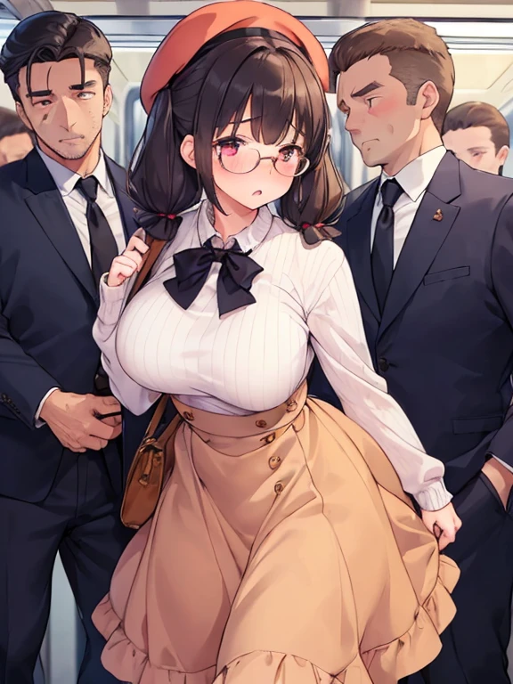 (SFW), ((photorealistic)), (masterpiece), (best quality:1.3), absurdness, [:intricate details1.3], SFW, realistic, masterpiece, (((VERY crowded subway train interior detailed scenario, VERY crowded subway train interior detailed background))), standing insanely hot (((miriam from bloodstained in succubus costume))), ((big ass)), ((thick thighs)), ((fear/shocked expression)), (blushed face), (perfect body proportions)), old small man ass groping miriam from behind, (((old small man pressing his chest on miriam's back))) and (((holding miriam's waist behind her)))