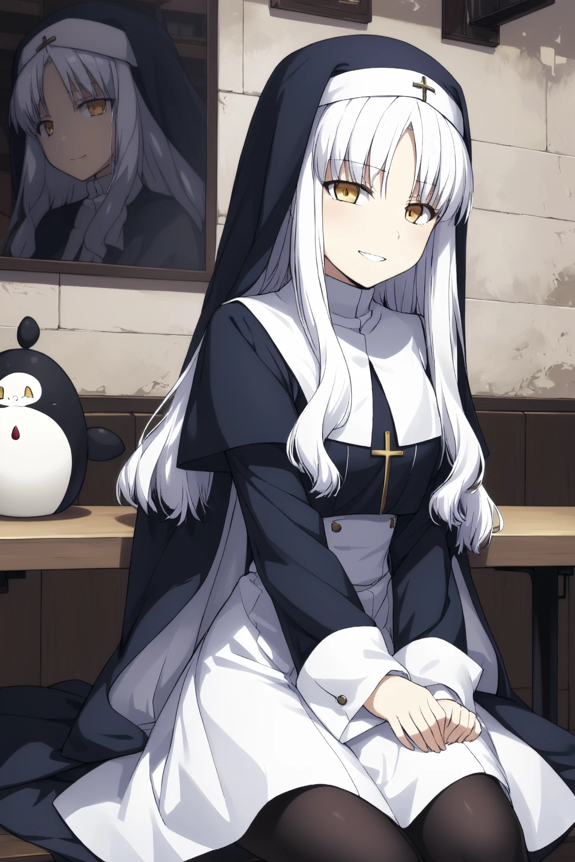 1girl, solo, caren hortensia, fate, nun's clothes, tights, golden eyes, white hair, sadistic smile, sitting in a cafe, 