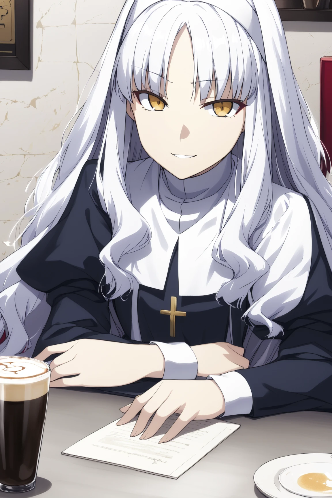 1girl, solo, caren hortensia, fate, nun's clothes, tights, golden eyes, white hair, sadistic smile, sitting in a cafe, 