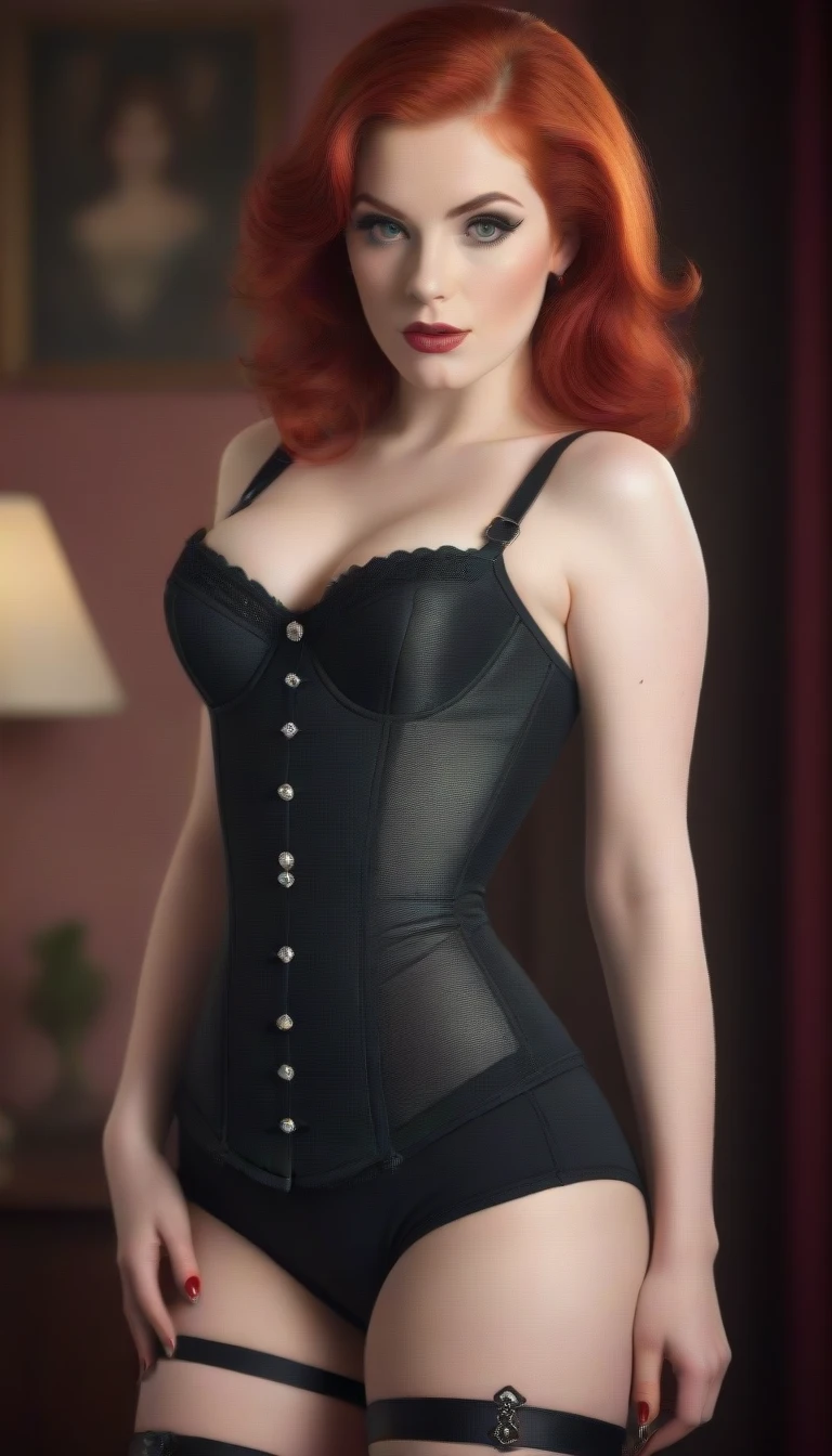 (masterpiece), (best quality), (ultra detailed),(vibrant red hair),(illustration), (1woman), standing, 60's Fashion model, looking at viewer, (sexy), (high cheek bones) (detailed background),beautiful detailed eyes, delicate beautiful face,(high saturation), red hair, green eyes, pale skin, busty boobs, curvy hips, 60's corset, 60's sexy attire, sexy full body tattoo, sexy pose, whip in hand, cuck queen, domme, dominatrix, thick thighs, curvaceous woman