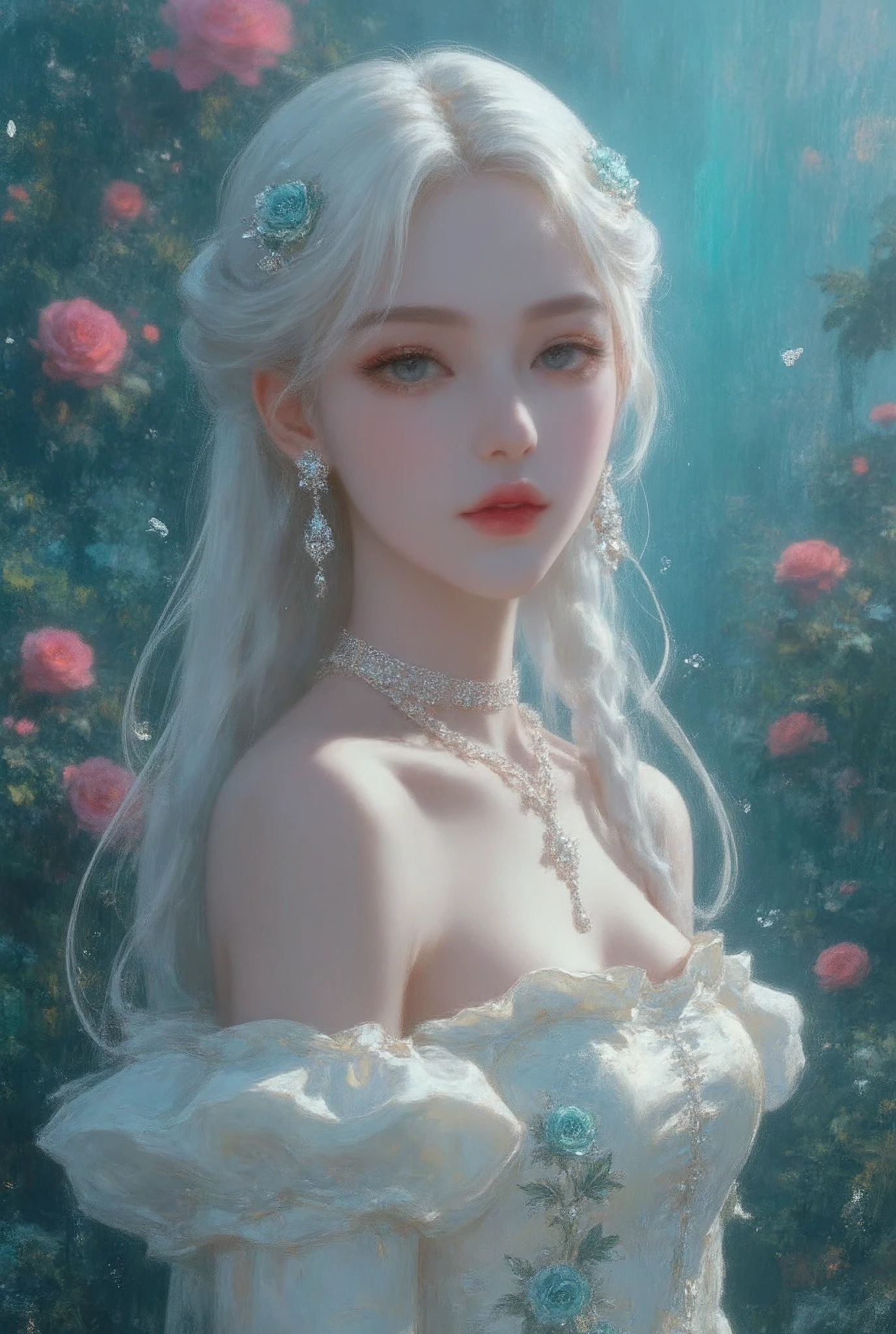 Russian Empire, Neon, garden, fabulous girl, dressed in a pale white simple silk dress of the 19th century with silver embroidery, Face similar to Daenerys, long white hair, stunning blue eyes, large breasts, realistic Face, Complex details, Beautiful fantasy setting, "silver-blue-green floral embroidery, 8K, HD