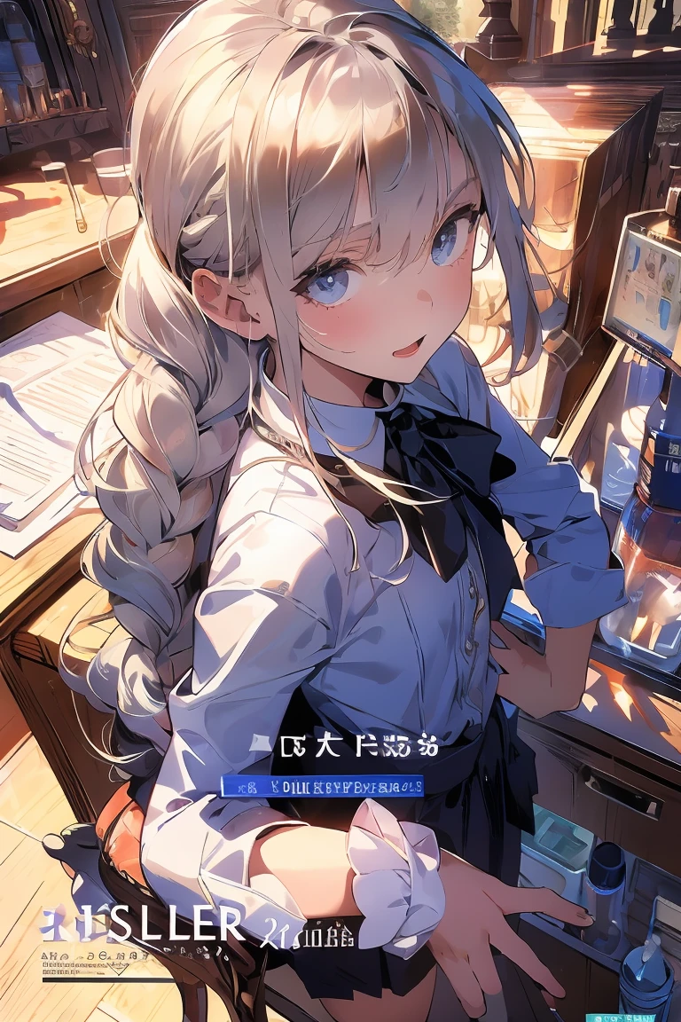 (from above:1.0,Best Quality),a girl , platinum color hair、bartender uniform,Purplish blue eyes that dreamers desire, small stature, medium , Lori face, (masutepiece:1.2, Best Quality), (finely detailed beautiful eye: 1.2), (beautifull detailed face), (perky chest:1.2), (pointed chest:1.1), (bratender magazine cover:1.5)，(Best Illumination, extremely delicate and beautiful), sexy pose,make a coffee , in a bar counter, morning light, Short bob hair（1:3）,Ultra Contrast、Braid a little around the ears, black bartender uniform dress、Sexy and qute pants、You can't see inside your underwear,mocking look、nffsw,Arms crossed、grab the arm、Shoot 、breastuscular pussy、little Pubic hair,high-level image quality、hightquality、8K,perfect hand、5 fingers、finger pin、Perfect Finger,noise cut、Her hair color should have been a brighter blue,(The bartendre skirt dress part is also carefully expressed:1.4)、the skirt is floating in the wind:1.2、Dark purple panties,(with sparkling eyes and a contagious smile),open mouth, highest quality, high resolution,Real World, Natural light,perfect Natural light, Looking at Viewer,,(from above:1.2,Best Quality),a girl , platinum color hair、masterpiece, highest quality, Very detailed, 16k, Ultra-high resolution, Cowboy Shot, One  girl, Detailed face, Perfect Fingers, Golden Eyes, Blonde, Braid, A vest with many pockets, Shorts, Exploring knife, Safari Hat, compass, telescope, map, A cluttered room with lots of small items, Organizing tools