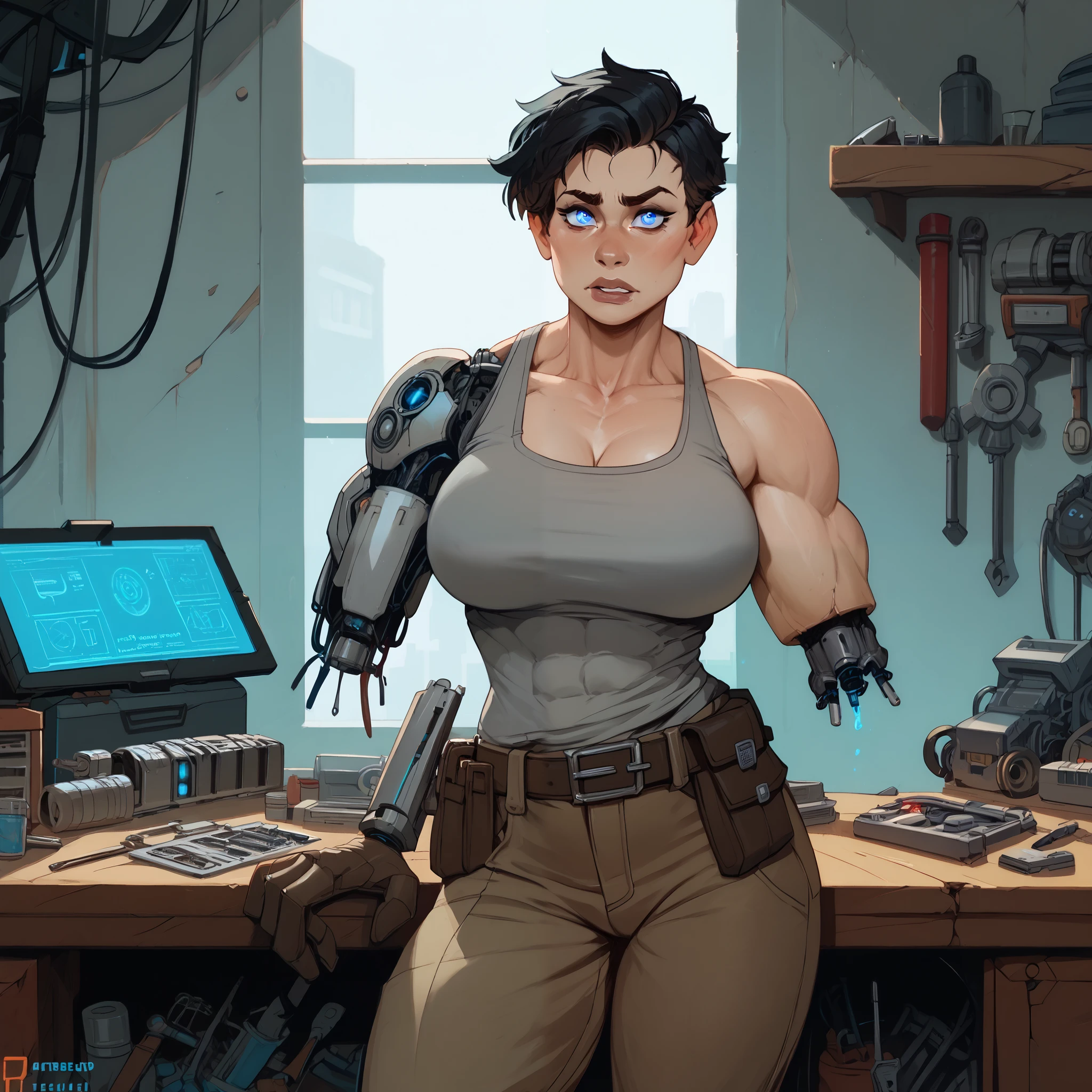 Young woman, short hair, black hair, tomboy, athletic, buff, big arms, chunky, glowing blue eyes, pale skin, large breasts, wide hips, muscular, gray tank top, worried, baggy cargo trousers, tool belt, brown leather gloves, workshop, mechanic, robot workshop, (incase:0.35), cracked arm, damaged neck, cyborg, one severed arm, 