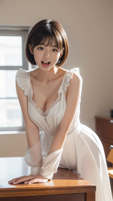(Woman in a nightgown、Wearing panties:1.5)、22 year old Japanese woman、Very beautiful woman、One Woman、solo、Cute Face、Portrait、Detailed skin texture、((Highest quality、high resolution、High resolution、High definition、masterpiece、16K:1.5))、(whole body:1.4)、Perfect proportions、Slim figure、Medium breast、Medium Hair、Dark Brown Hair、Straight Hair、Thin arms、Beautiful hands、Detailed face、Smiling Kindly、(RAW Photos、Photos like the real thing、Clear photos:1.2)、((Canon EOS 5D Mark 4とSIGMA Art Lens 35mm F1.4 Shot with DG HSM lens、F-stop 2.4、iso 200、Shutter Speed 2000))、Beautiful feet、8th life、Detailed eyes、Silver grey color contacts、Direct your gaze this way、((In the dining room at home、Warm lighting、On the dining table、indoor:1.4))、Natural light、Height: 165cm、Just the right color balance、Female college student、Narrow Face、Sharp face line、((Depth))、((Long Shot))、Lifelike skin texture、Moisturized Skin、Anatomically correct