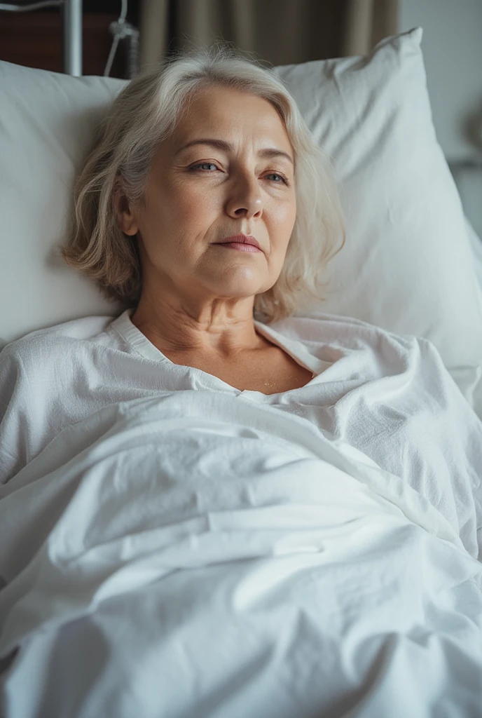 Femme blonde âgé de 70 ans dans un lit d'hôpital souffre du cancer avec les équipements médicaux à côté photo de différentes positions une assise entrain de prendre c'est comprimé une entrain de faire salutations a la main femme mourante 