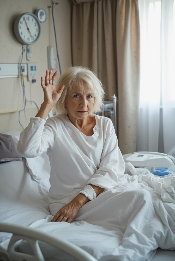 Femme blonde âgé de 70 ans dans un lit d'hôpital souffre du cancer avec les équipements médicaux à côté photo de différentes positions une assise entrain de prendre c'est comprimé une entrain de faire salutations a la main femme mourante 